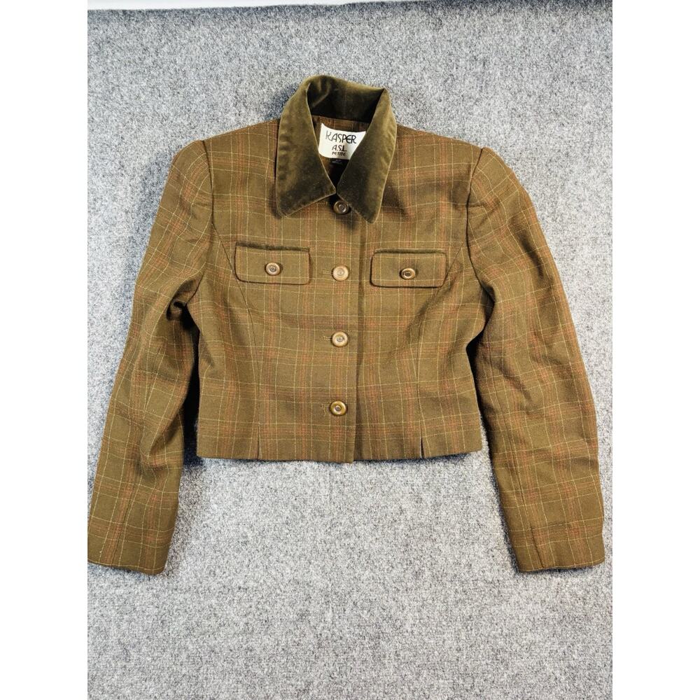 Vintage women’s blazer fitted plaid Green Kasper 80s Velvet Collar 2P